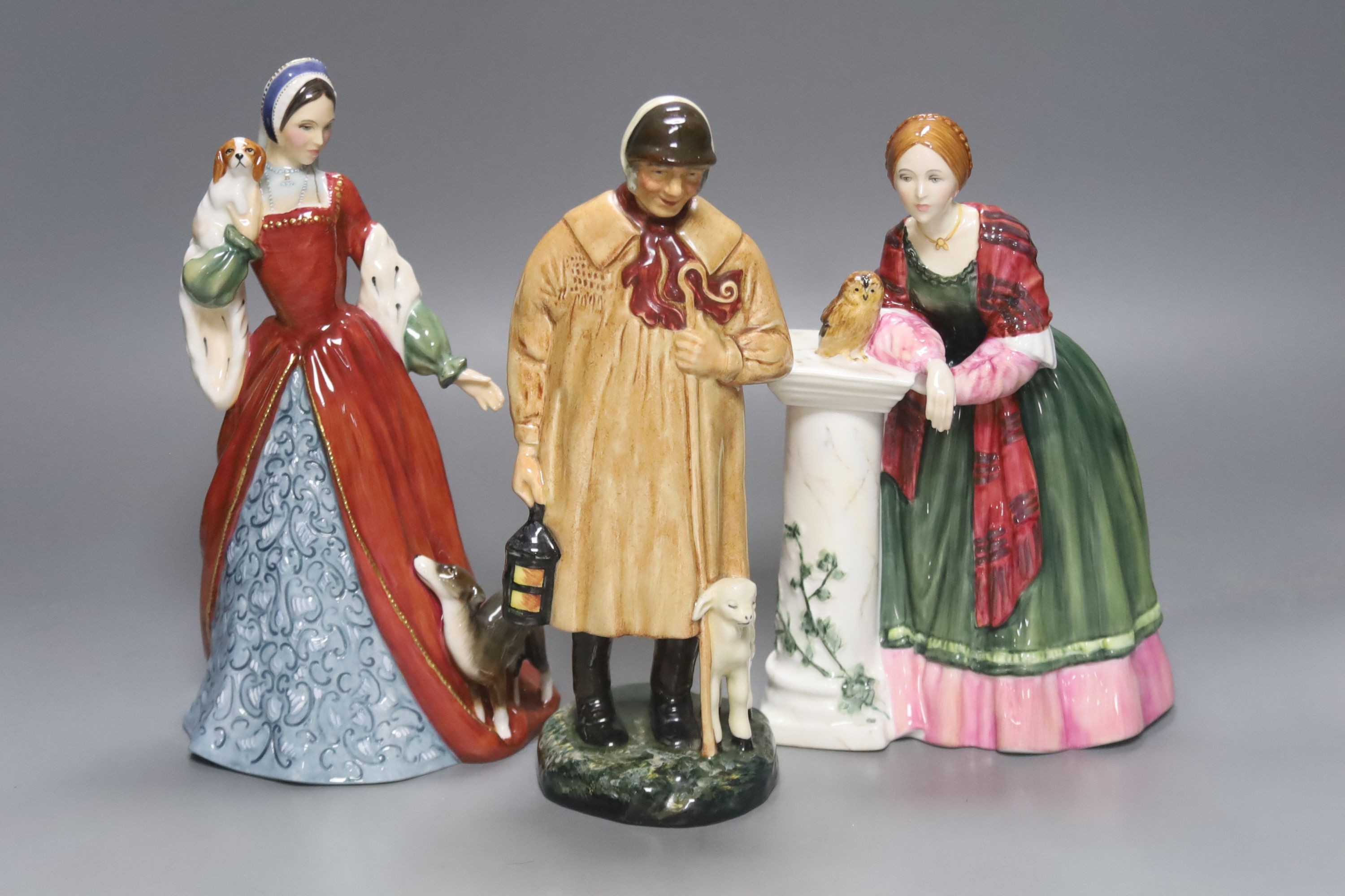 Three Royal Doulton figures: The Shepherd HN1975, Ann Boleyn HN3232 and Florence Nightingale HN3144